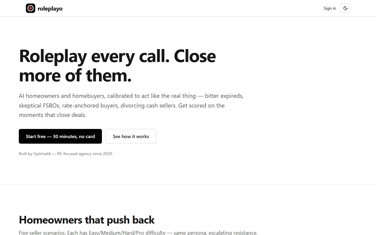 Roleplayo — AI sales-call practice homepage